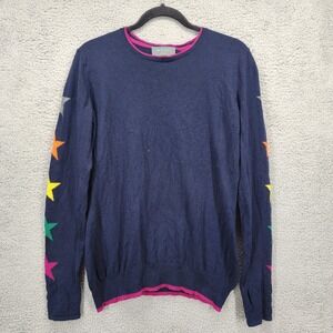WYSE London Navy Blue 100% Wool Sweater Multi Color Stars Pink Trim Sz 3 US M/L